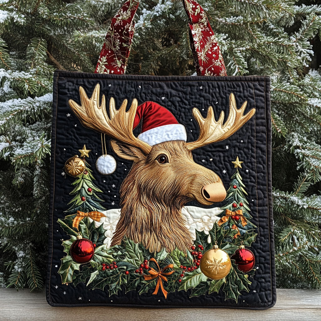 Jolly Moose quilted tote bag – moose in Santa hat