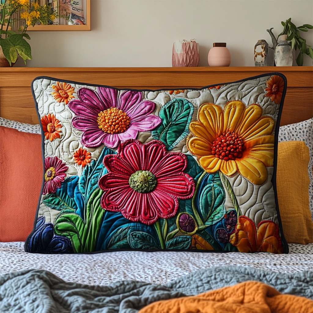 Bright Garden Blooms quilted pillowcase – large pink, red and orange flowers on navy