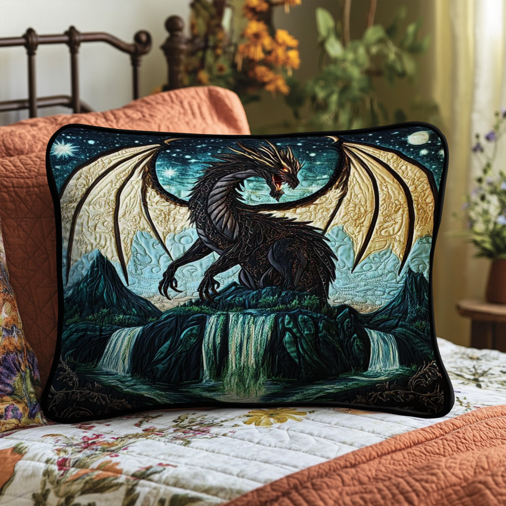 Dragon by the Waterfall quilted pillowcase – dragon above a stained glass waterfall