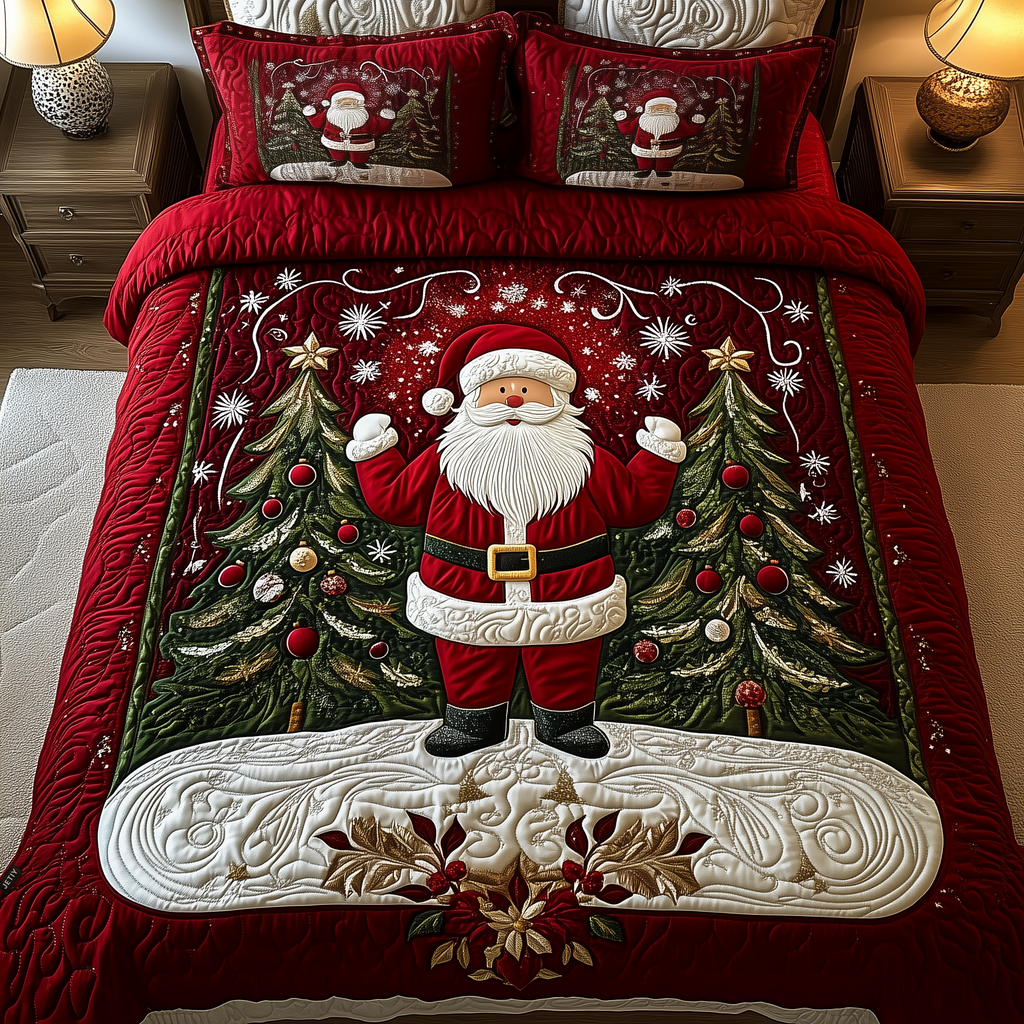 Santa and Christmas Trees quilted bedspread set – santa between Christmas trees on red