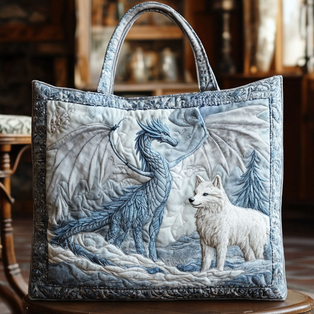Moonlight Dragon quilted tote bag – silver dragon and wolf