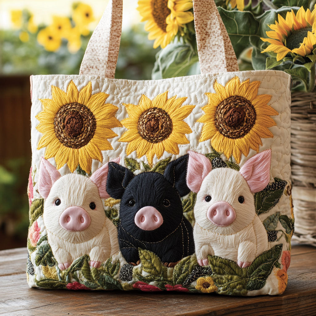 Pig Sunflower quilted tote bag – piglets and sunflowers