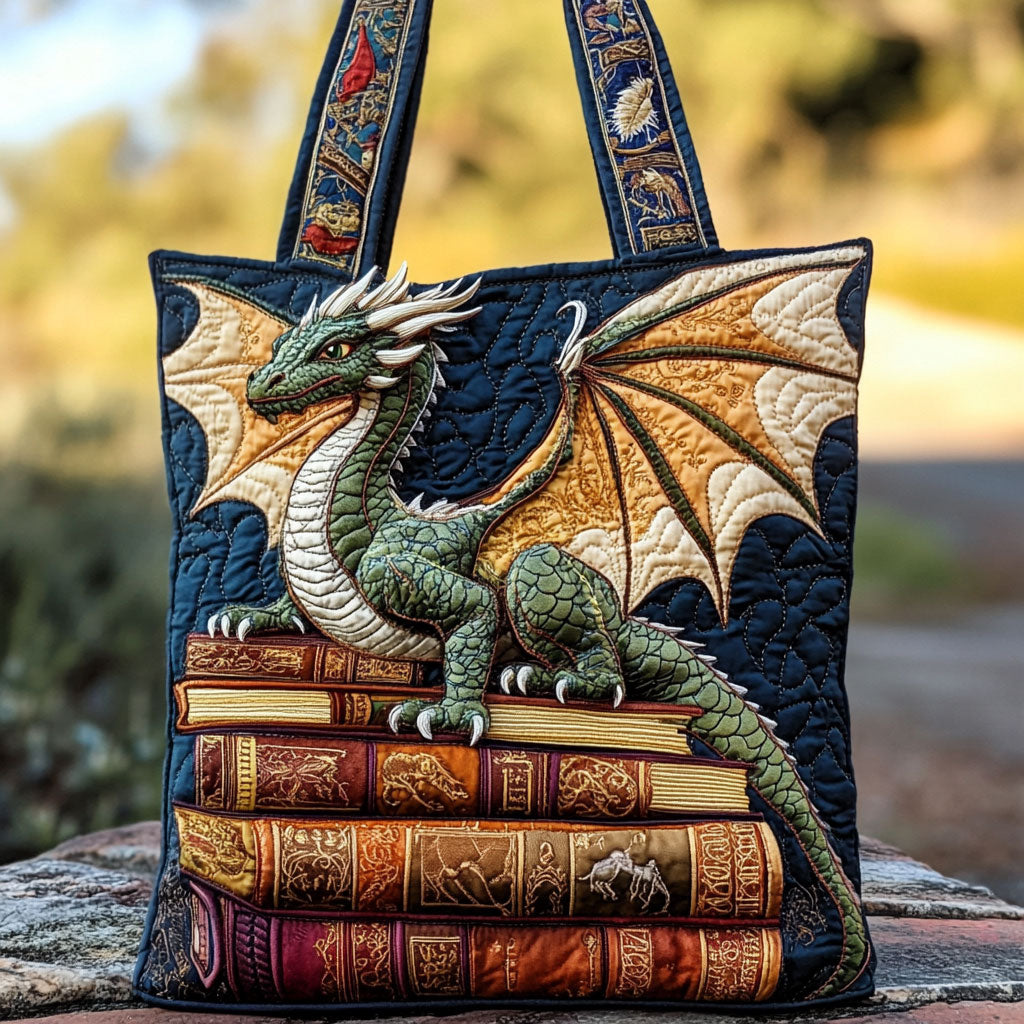 Dragon Scroll quilted tote bag – golden dragon on books