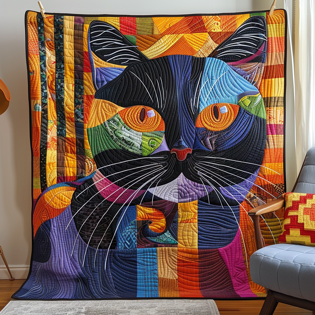 Patchwork Black Cat quilted throw – black cat with amber eyes in bright patchwork