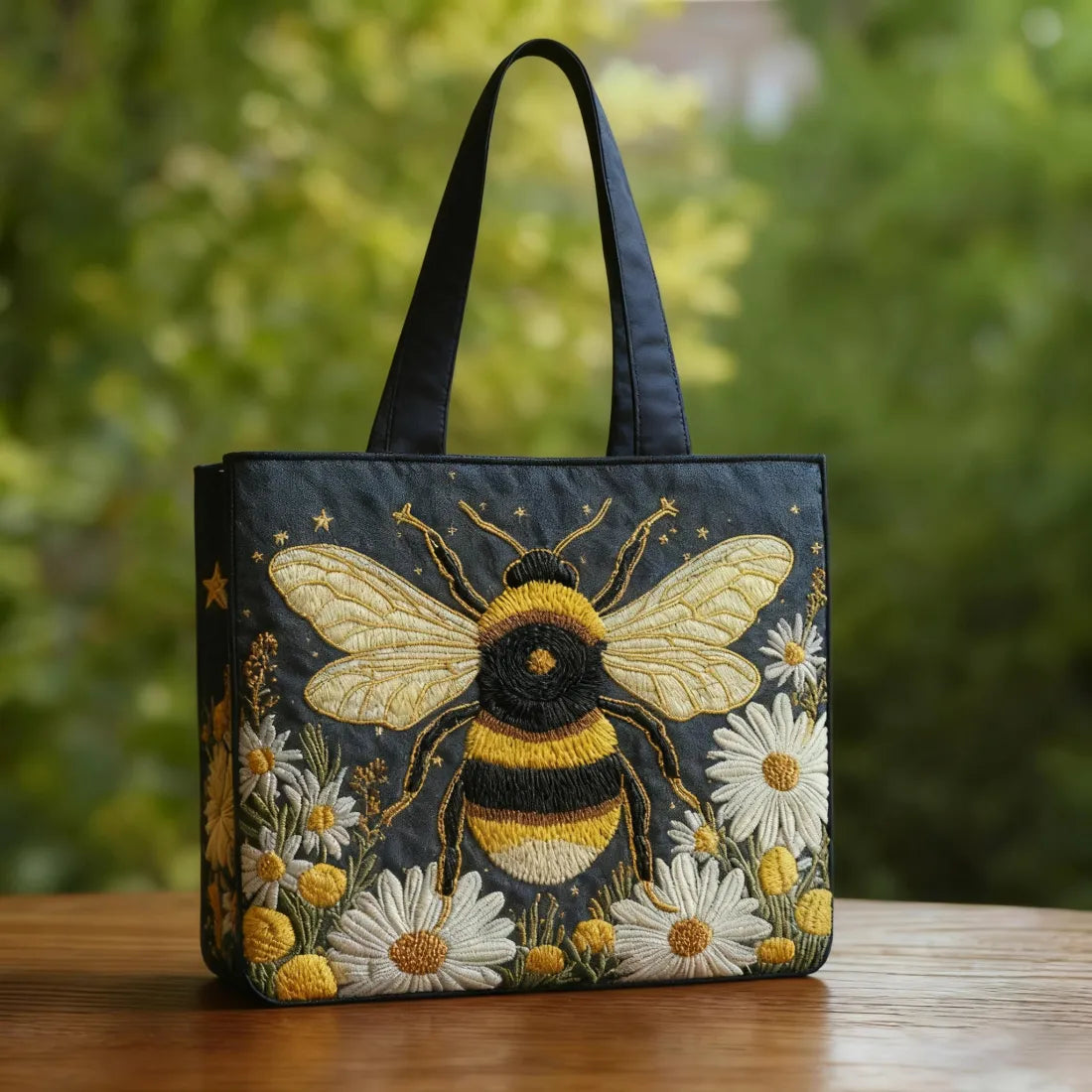 Artisan quilted tote bag with a Bee with Daisies and Stars design, a bee above open white daisies with gold stars in a dark sky
