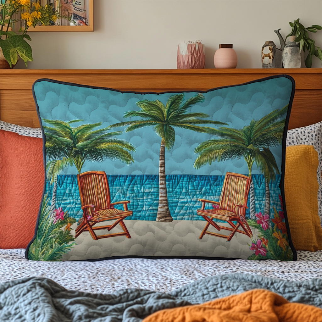 Beach Chairs and Palms quilted pillowcase – wooden beach chairs between palms