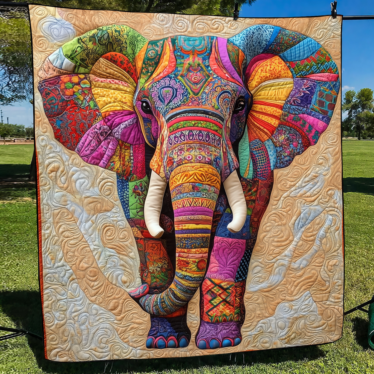 Quilted Throw - Patchwork Painted Elephant – view 2