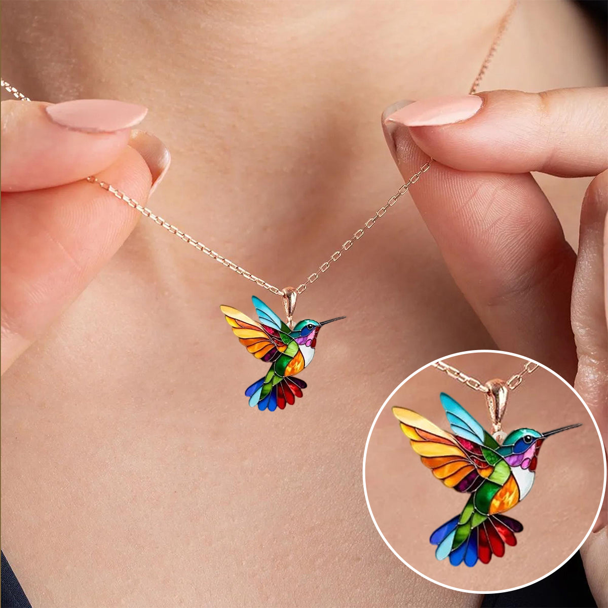 Rainbow enamel hummingbird pendant necklace
