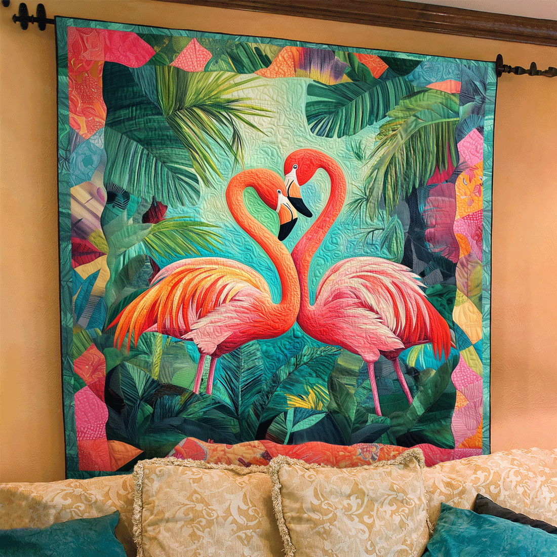 Tropical Flamingo Pair art quilt – flamingos in the tropics