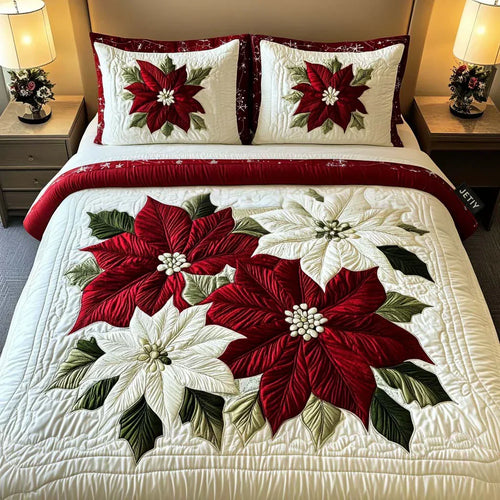 Quilted bedspread set with frosted poinsettias, pine sprigs and berries on deep green in the Winter Poinsettia design