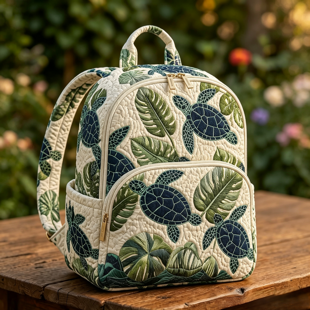 Palm Leaf Turtles quilted backpack – turtles and palm leaves