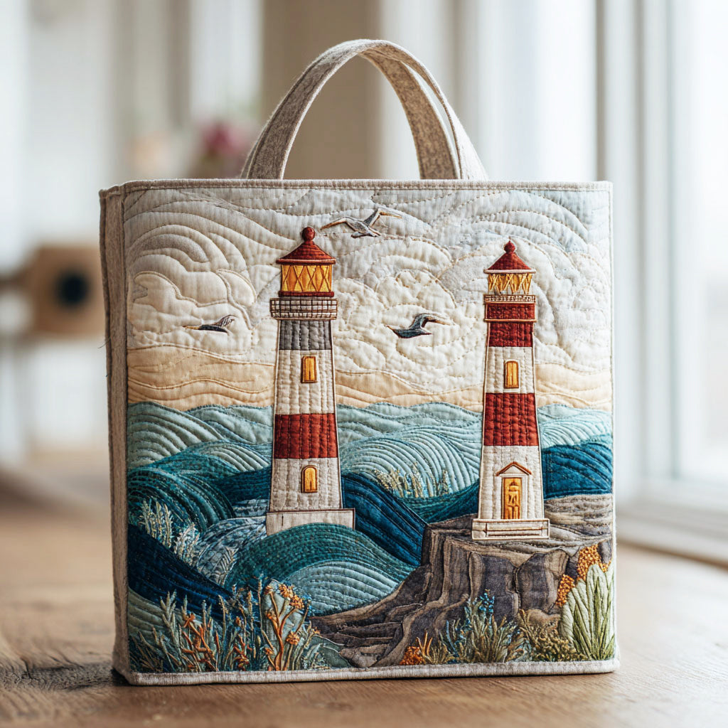 Lighthouse Harmony quilted tote bag – lighthouses and waves