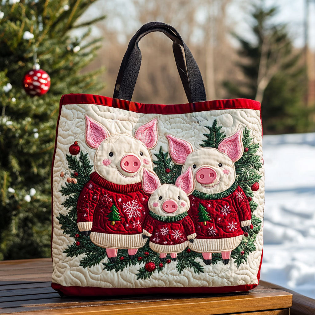 Winter Bless Piglets quilted tote bag – piglets in jumpers