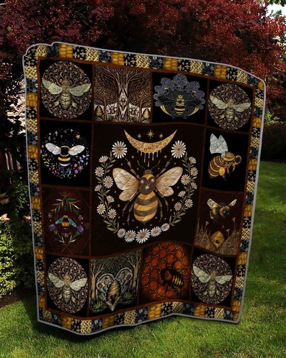 Golden Bees quilted throw – golden bees in ornate circles