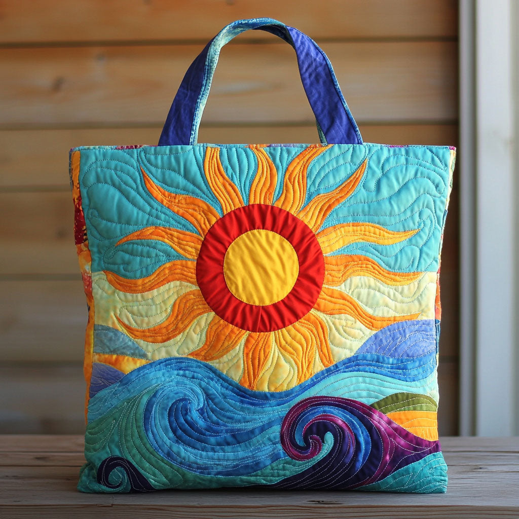 Joyful Sun quilted tote bag – sun over waves