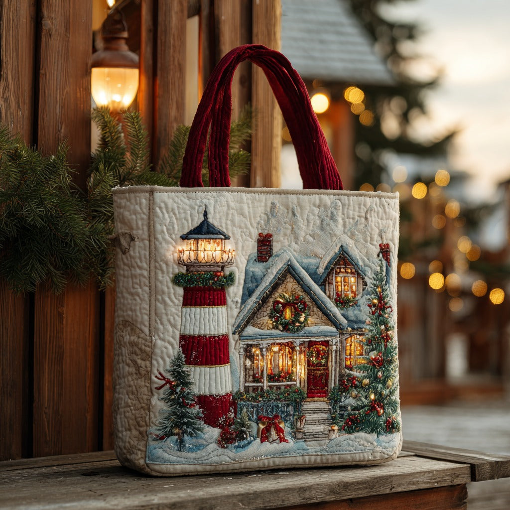 Snowy Lighthouse Lights quilted tote bag – snowy lighthouse