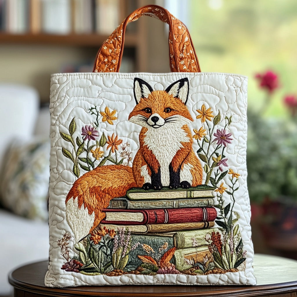 Bookish Fox quilted tote bag – fox on books