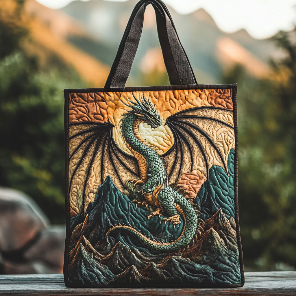 Celestial Dragon quilted tote bag – dragon over mountains