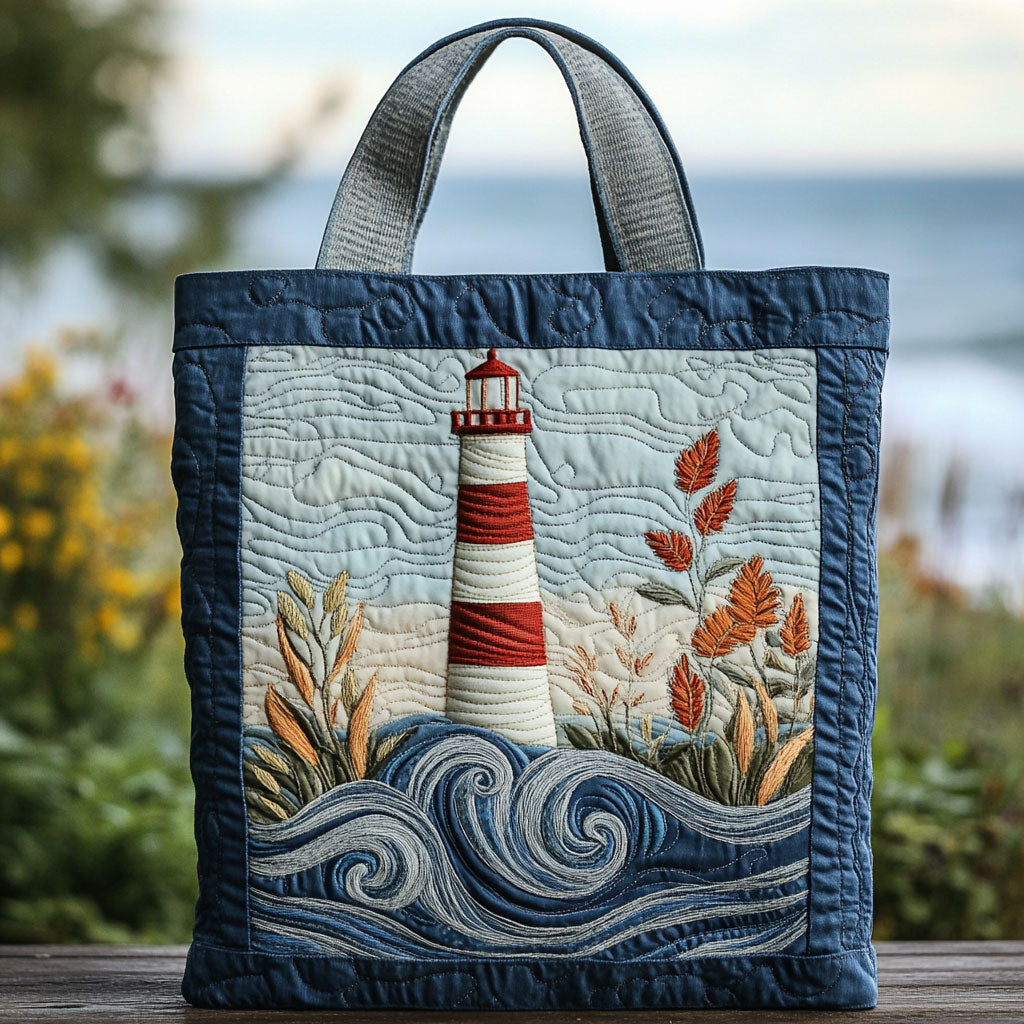 Ocean Lighthouse quilted tote bag – lighthouse and waves