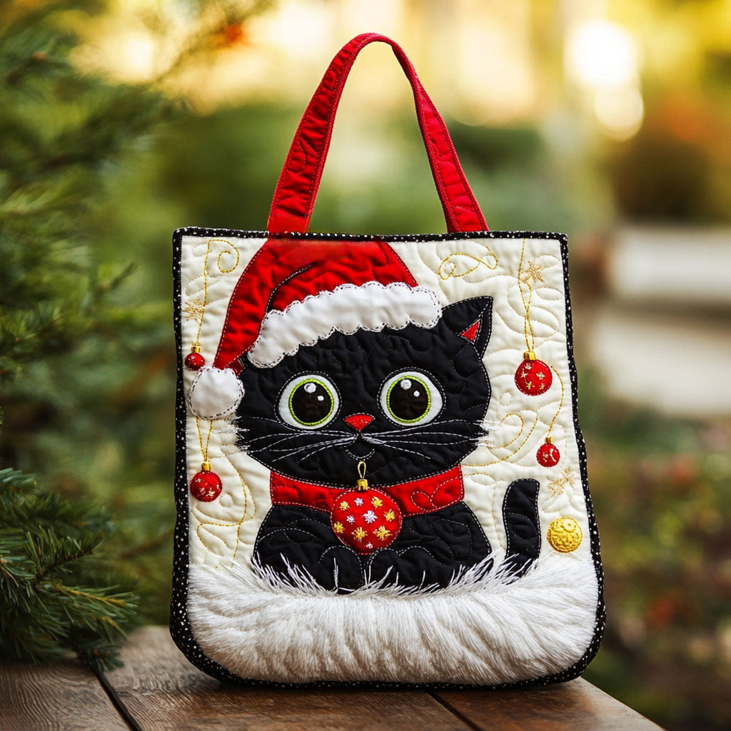 Black Cat Santa Hat quilted tote bag – black cat in Santa hat