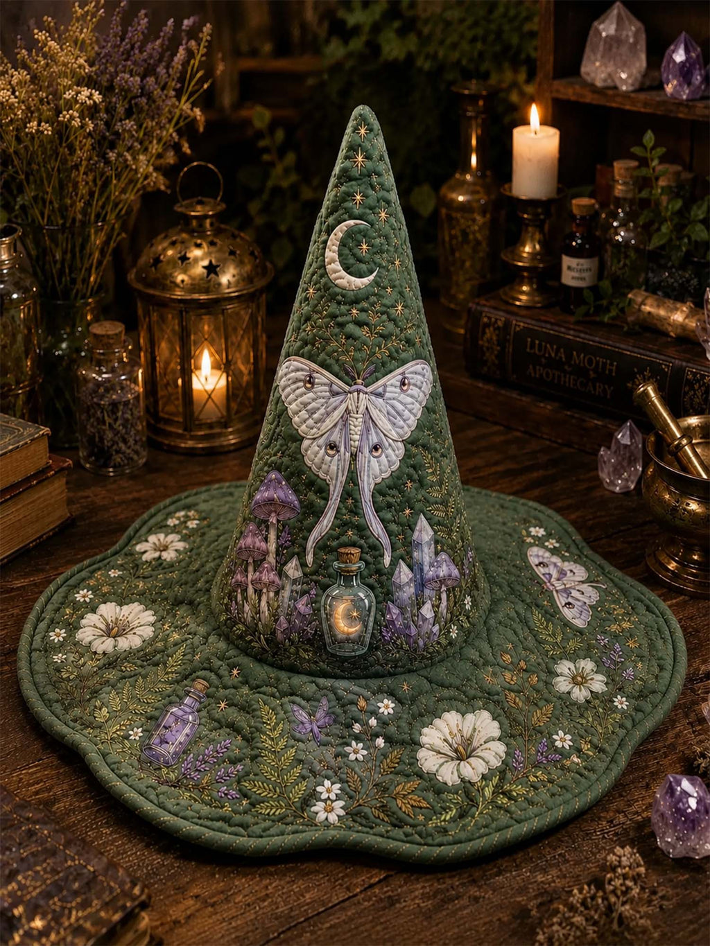 Luna Moth Garden quilted witch hat – luna moth on green