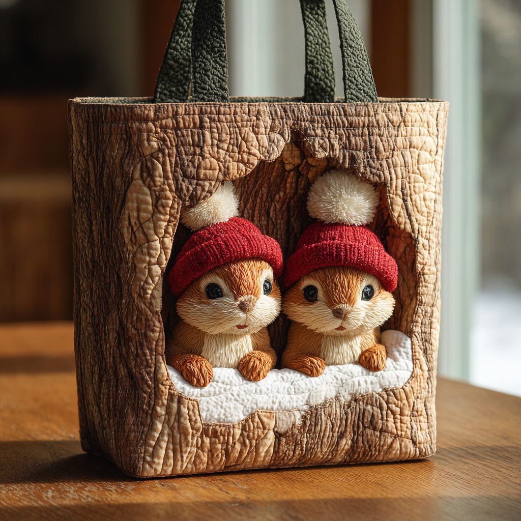 Winter Burrow quilted tote bag – squirrels in burrow
