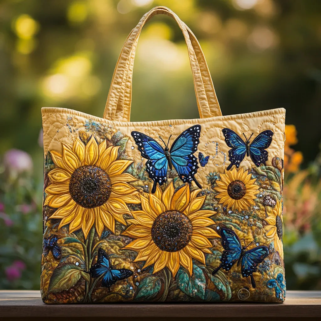 Artisan quilted tote bag with the Sunflowers and Blue Butterflies design, tall golden sunflowers with blue butterflies amongst the petals.