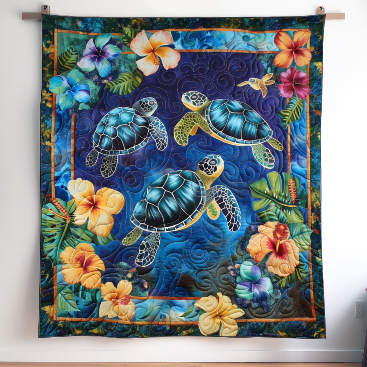 Hibiscus Turtles art quilt – turtles and hibiscus