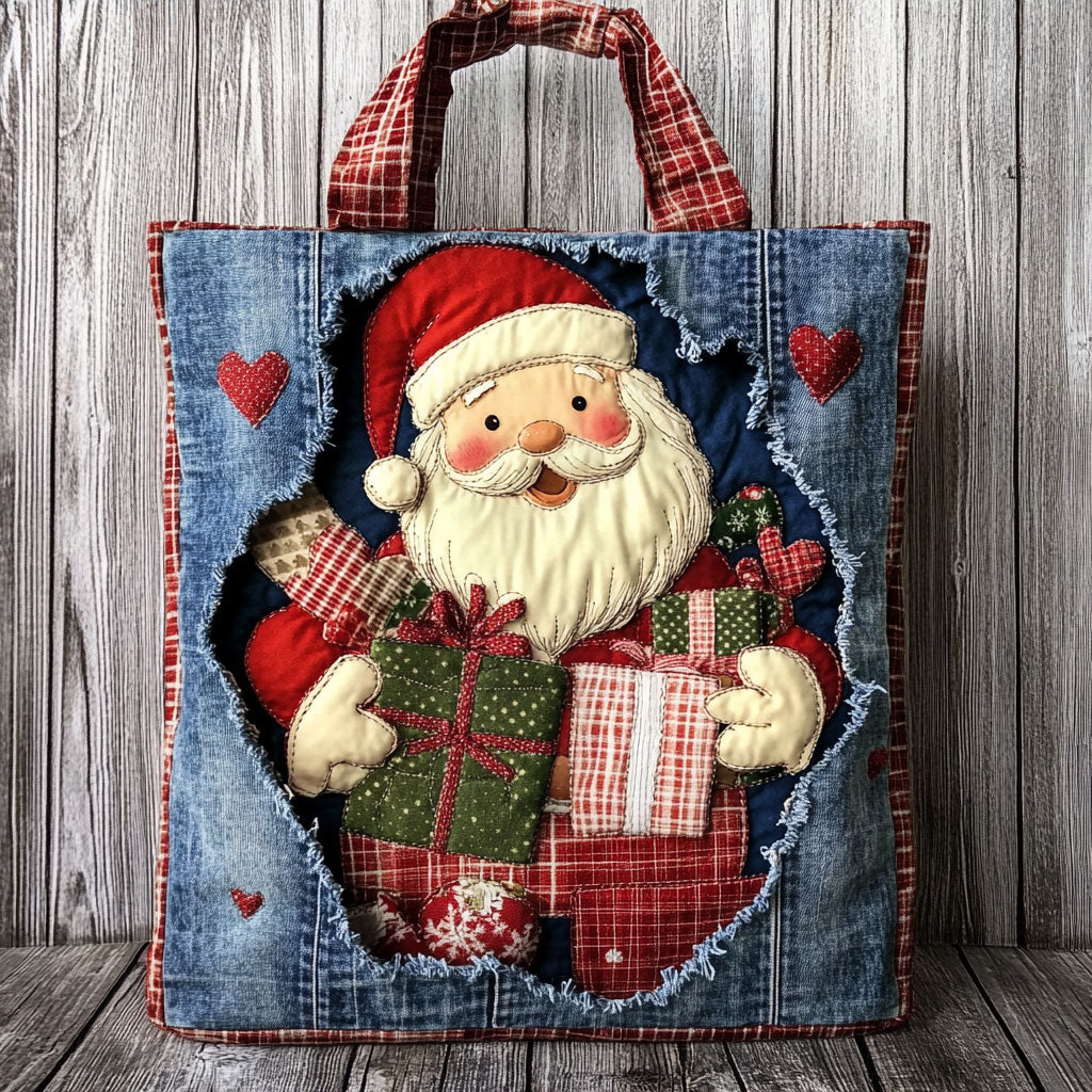 Folk Art Santa quilted tote bag – santa on denim