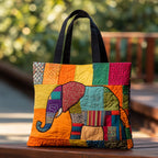 Joyful Elephant Pattern quilted tote bag – bright patchwork elephant