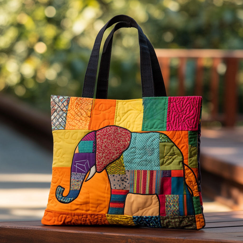 Joyful Elephant Pattern quilted tote bag – bright patchwork elephant