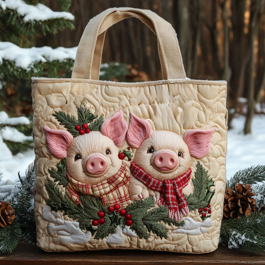 Holly Spirit Piglets quilted tote bag – piglets with holly