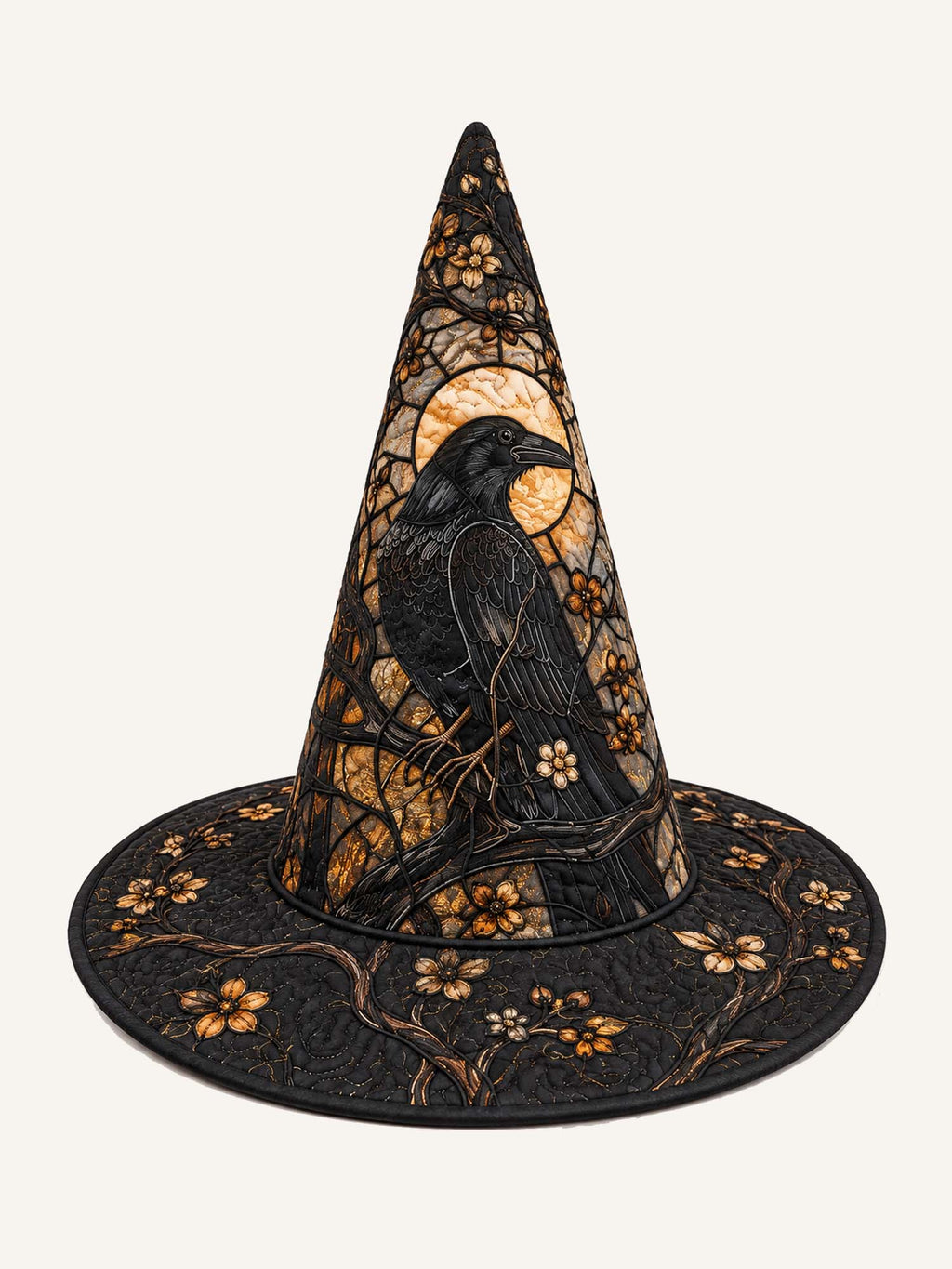Golden Raven Garden quilted witch hat – raven with golden moon