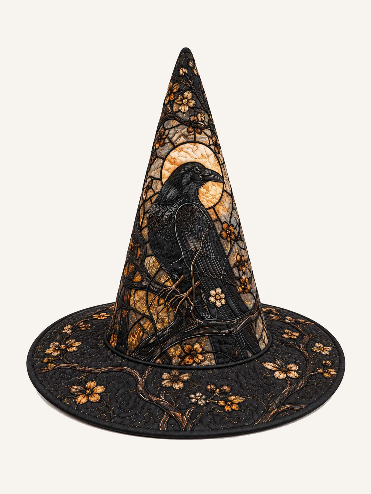 Golden Raven Garden quilted witch hat – raven with golden moon
