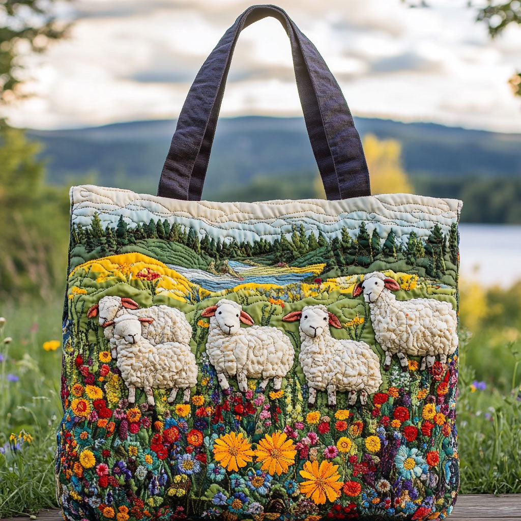 Hillside Sheep quilted tote bag – sheep on hillside