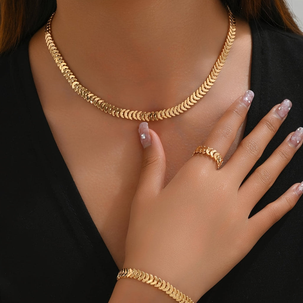 Gold-tone chevron necklace, bracelet and ring set