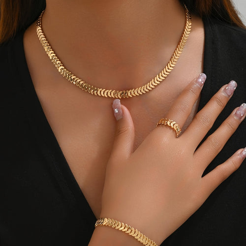 Gold-tone chevron necklace, bracelet and ring set