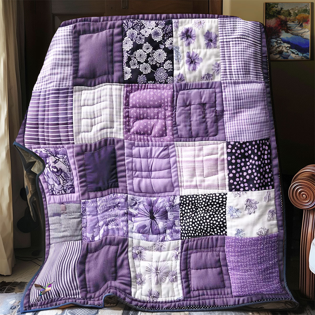 Purple Patchwork quilted throw – lilac, plum and white patchwork squares