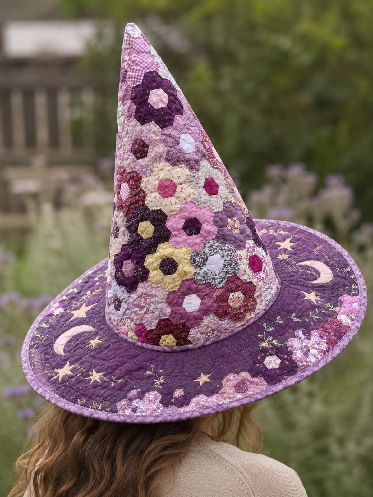 Quilted Witch Hat - Lilac Hexagon Flowers – view 2