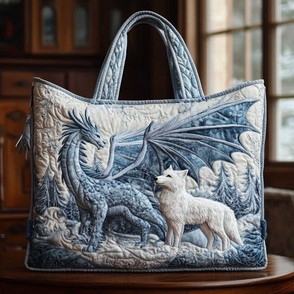 Winter Wolf quilted tote bag – white wolf and dragon