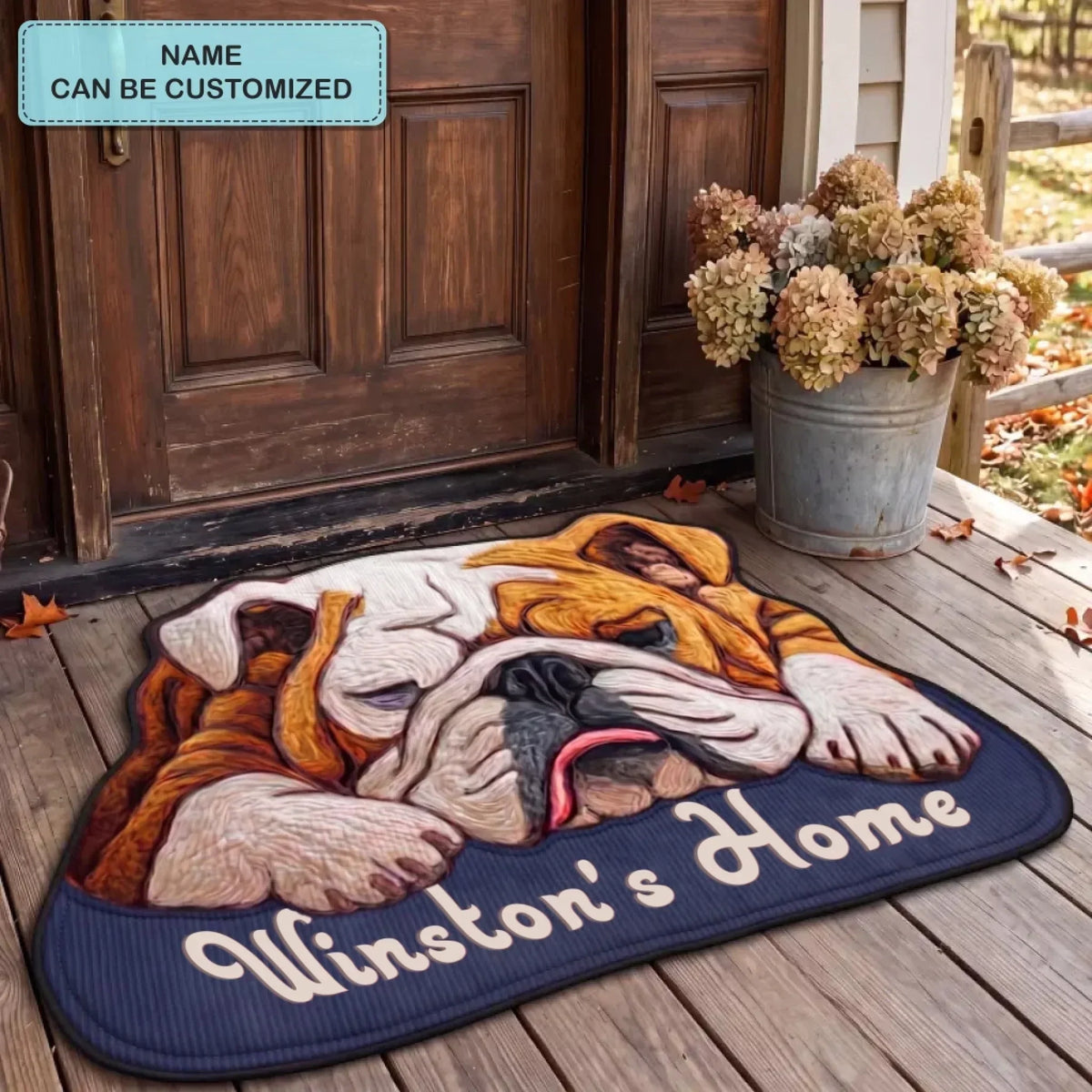 Faithful Bulldog Home shaped doormat – bulldog with name banner