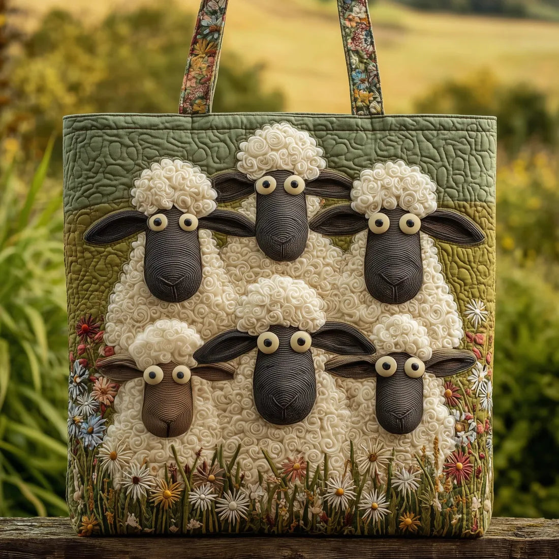 Artisan quilted tote bag with Five Sheep standing shoulder to shoulder, thick cream fleeces against a green hillside and grey drystone wall