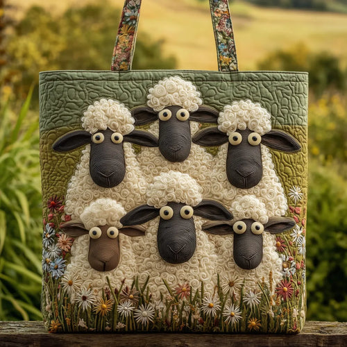 Artisan quilted tote bag with Five Sheep standing shoulder to shoulder, thick cream fleeces against a green hillside and grey drystone wall