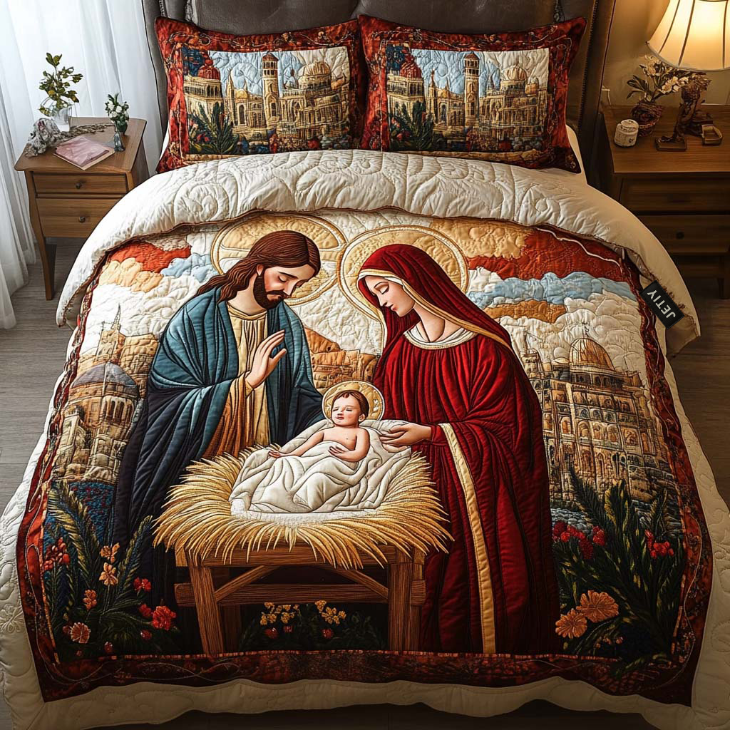 Nativity quilted bedspread set – nativity scene in red, blue and gold