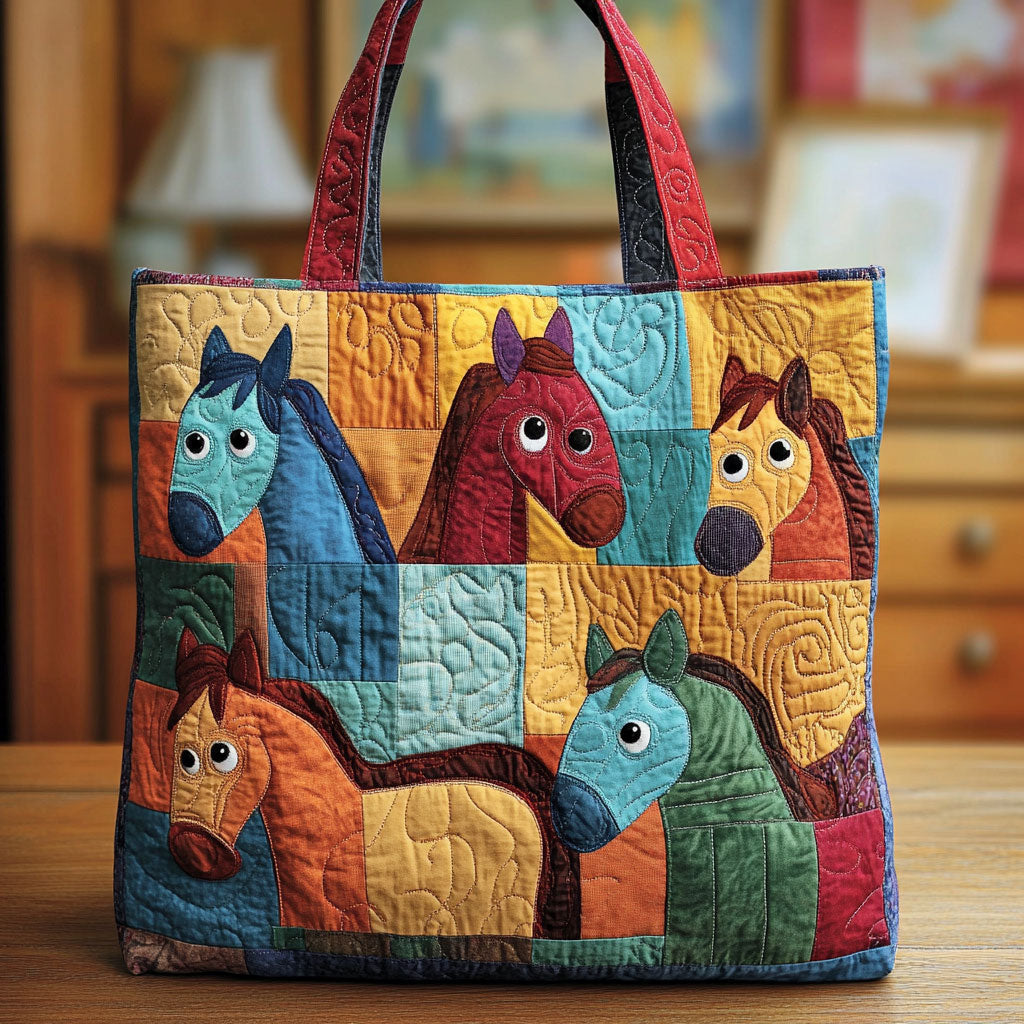 Smiling Herd quilted tote bag – patchwork horse herd