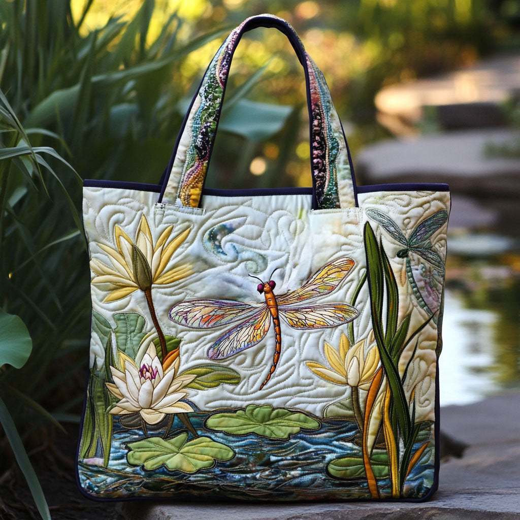 Harmony Dragonfly quilted tote bag – dragonfly and lilies