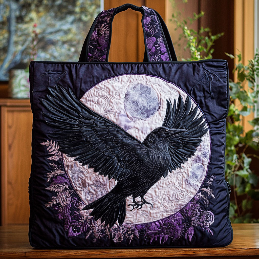Twilight Wing Raven quilted tote bag – raven across moon