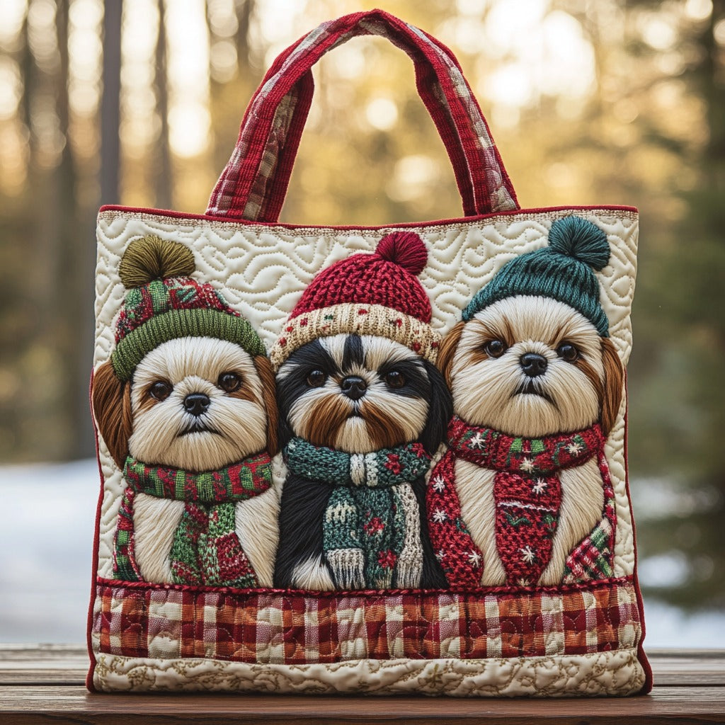 Holiday Cuddle Pups quilted tote bag – pups in woolly hats