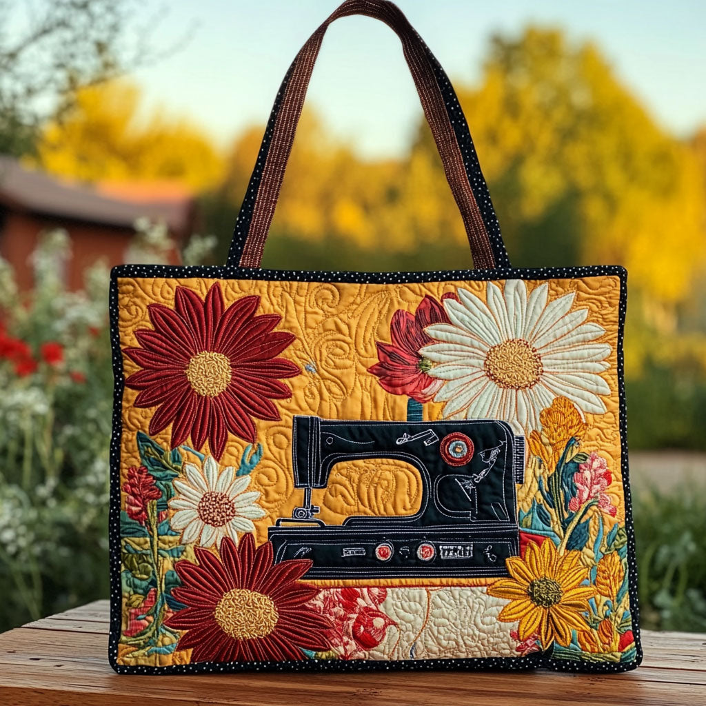 Blooming Sewing Machine quilted tote bag – sewing machine and flowers