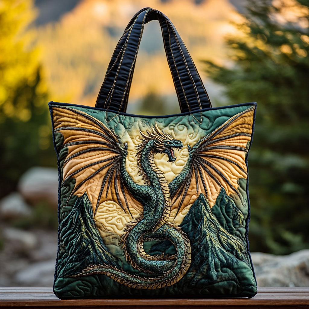 Twilight Dragon quilted tote bag – dragon over mountains